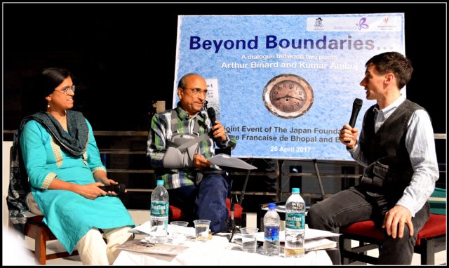 Poet Arthur Binard, poet Kumar Ambuj and Eklavya’s Tultul Biswas in conversation